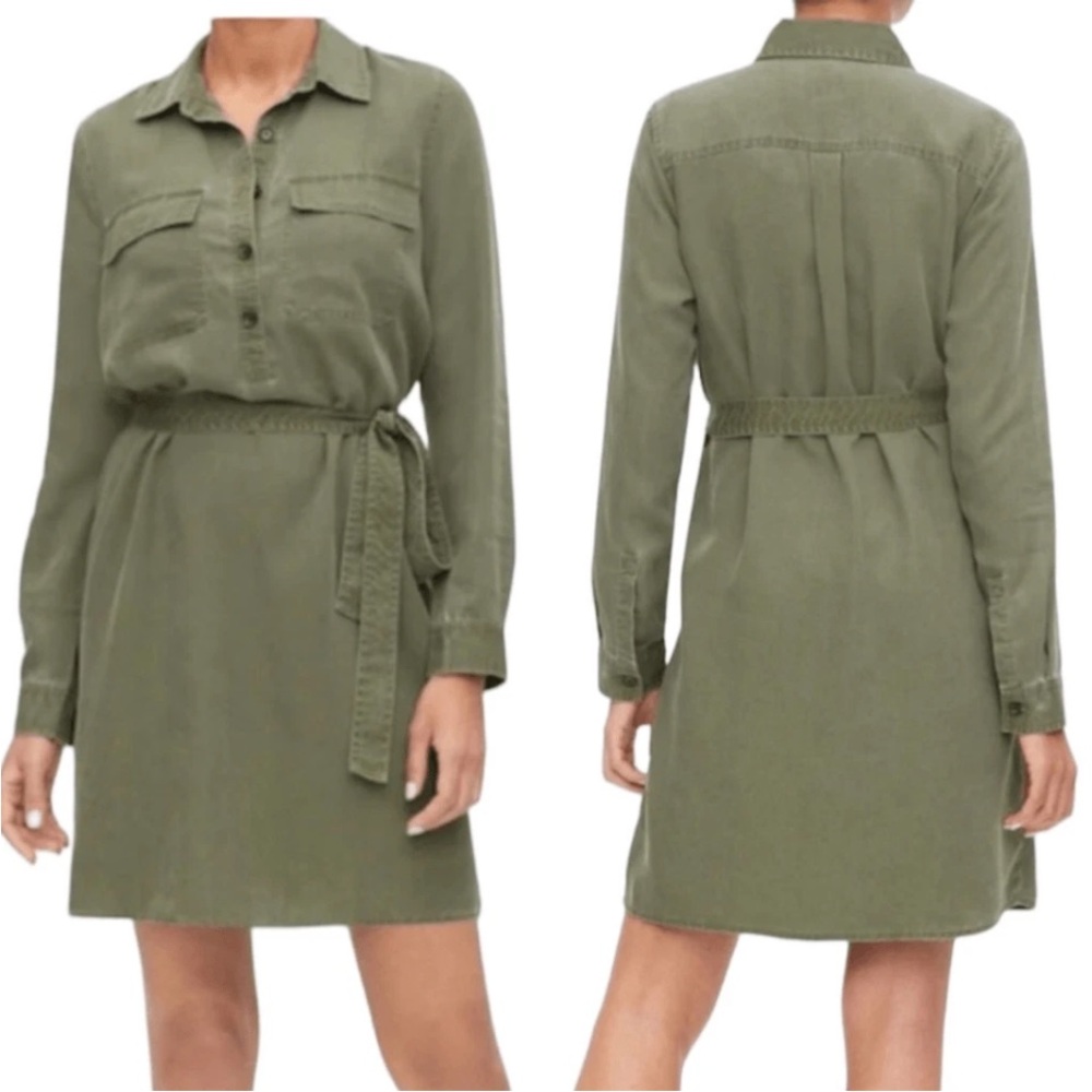 Long Sleeve Shirt Dress, Gap, Sage, Size L, Universally flattering
